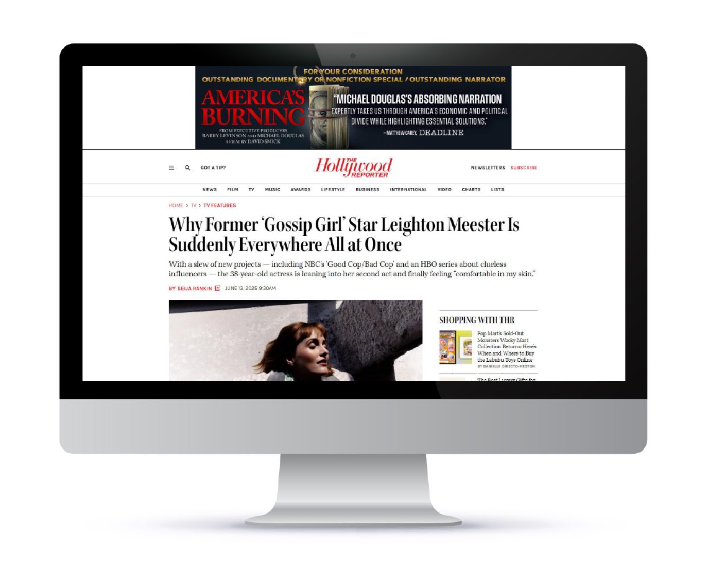 America's Burning Hollywood Reporter desktop display roadblock, For Your Consideration Outstanding Documentary and Outstanding Narrator