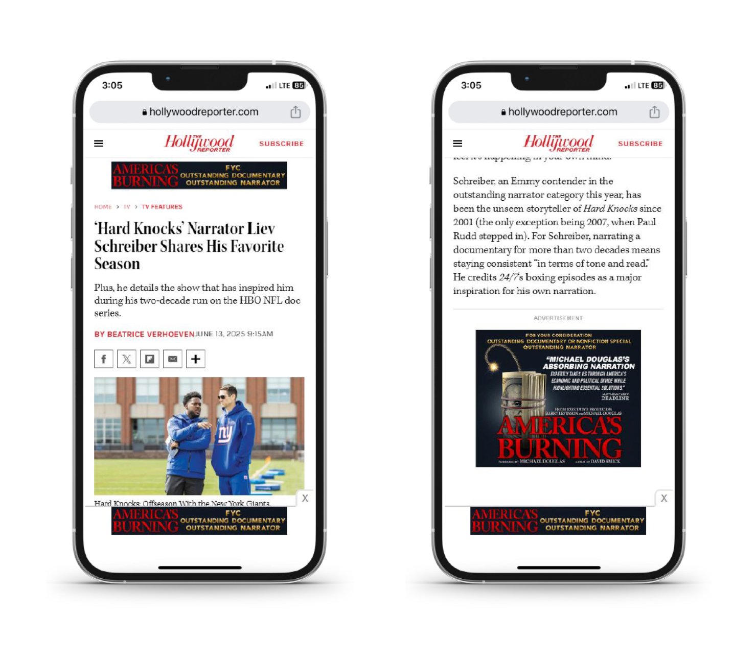 America's Burning Hollywood Reporter mobile roadblock, 320x50 and 300x250 dual device Emmy FYC
