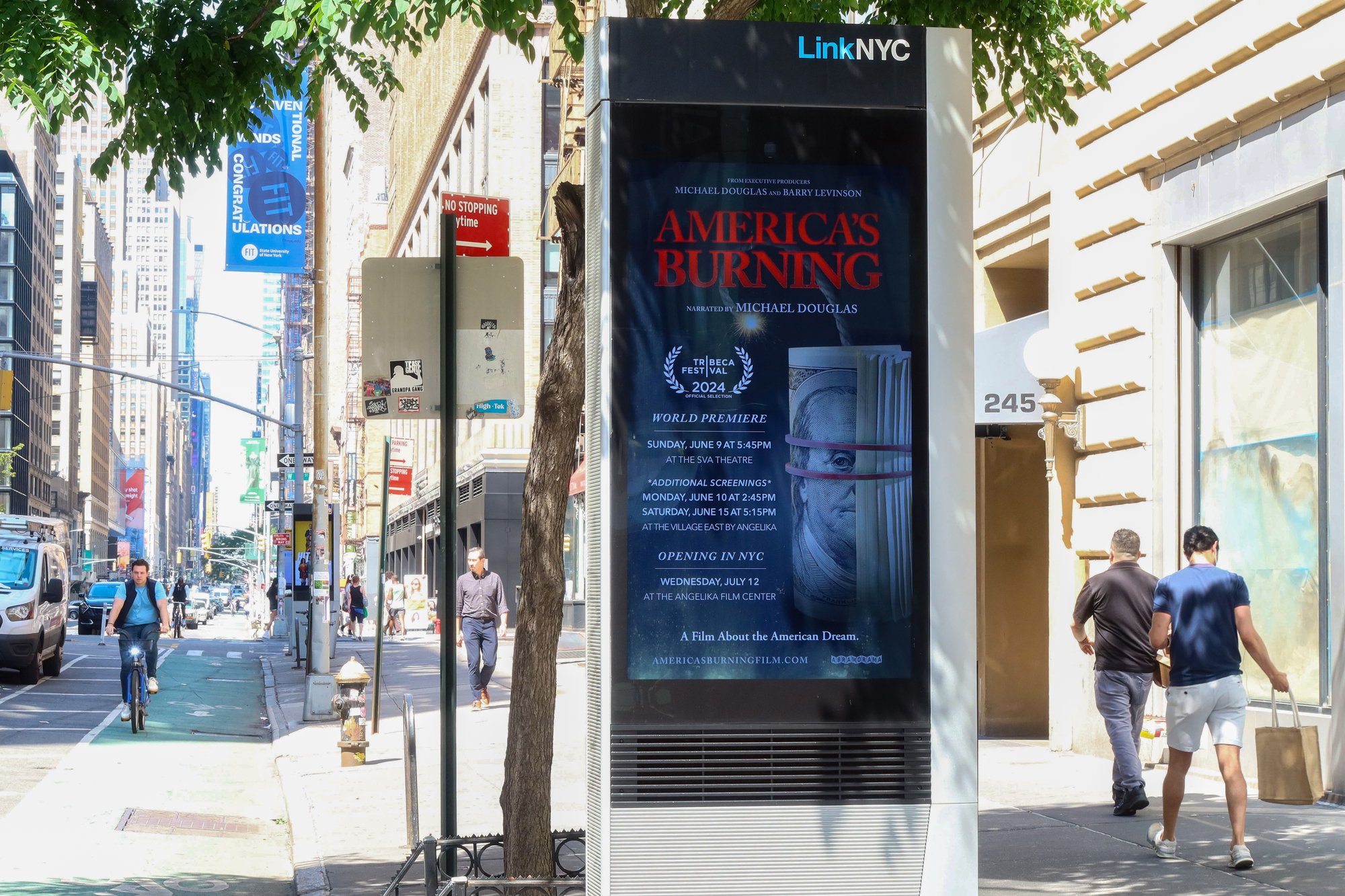 America's Burning LinkNYC kiosk in New York with world premiere and Angelika opening communications