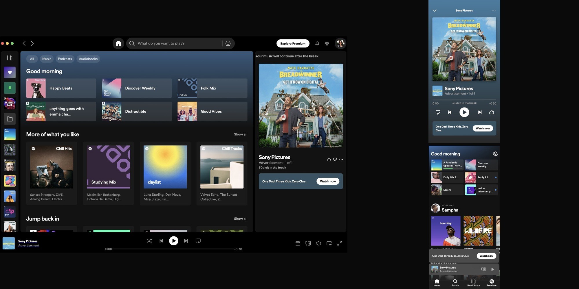 The Breadwinner Spotify audio and companion display creative — playing view, browsing view, and desktop rail