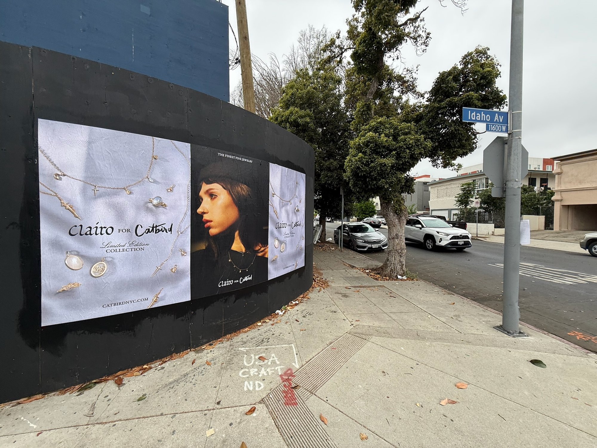 Catbird x Clairo wild posting at 1601 Barry Avenue near Idaho Avenue, West Los Angeles