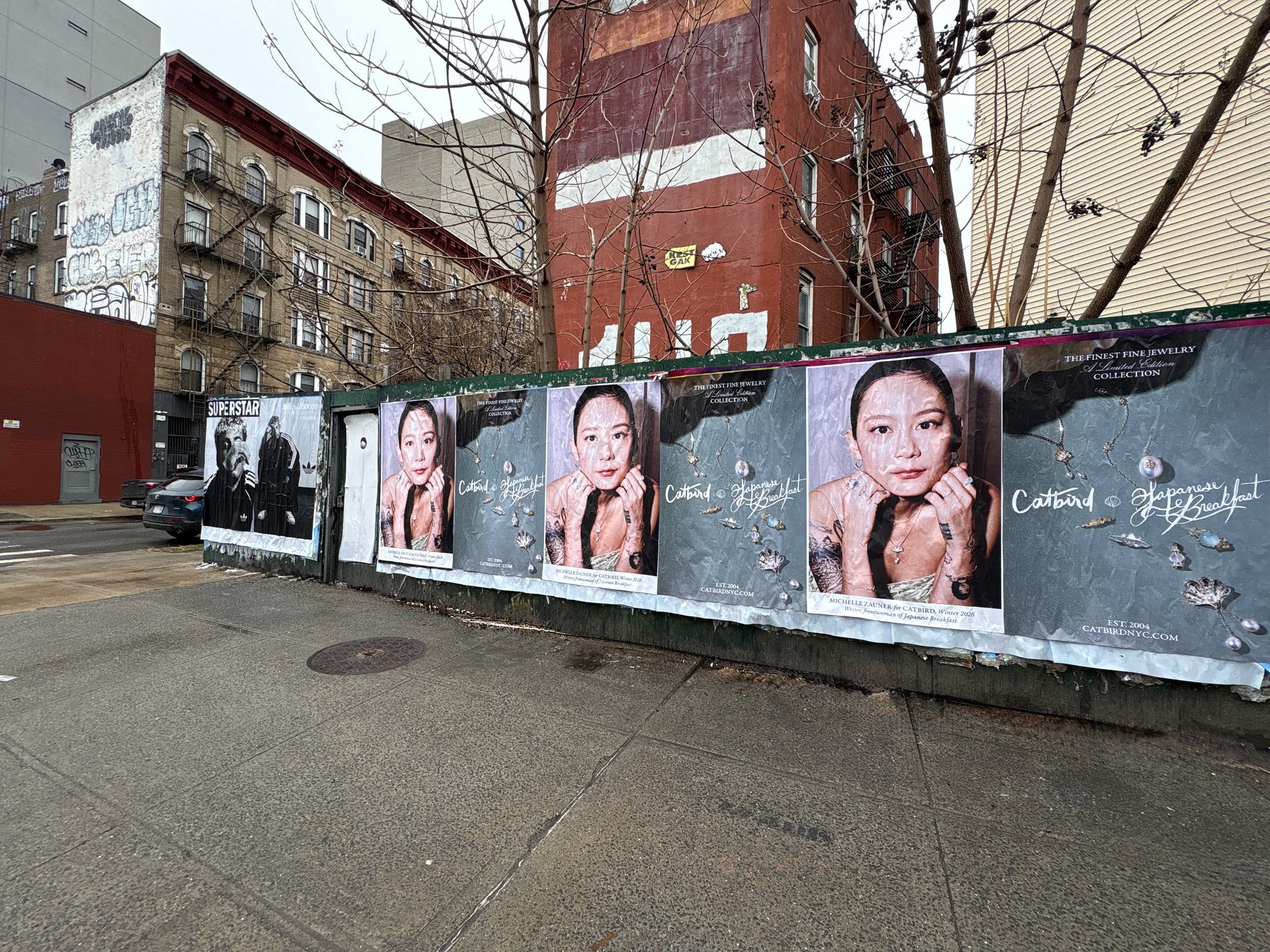 Catbird x Japanese Breakfast wild posting on 486 Union Avenue sidewalk wall, Brooklyn