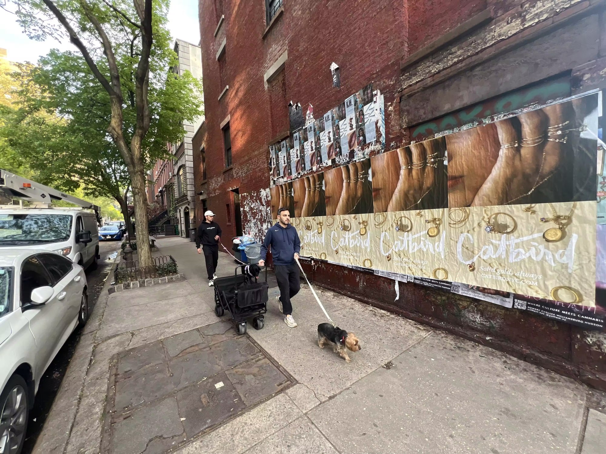 Catbird Mother's Day wild posting on 10th Avenue brick wall, Chelsea