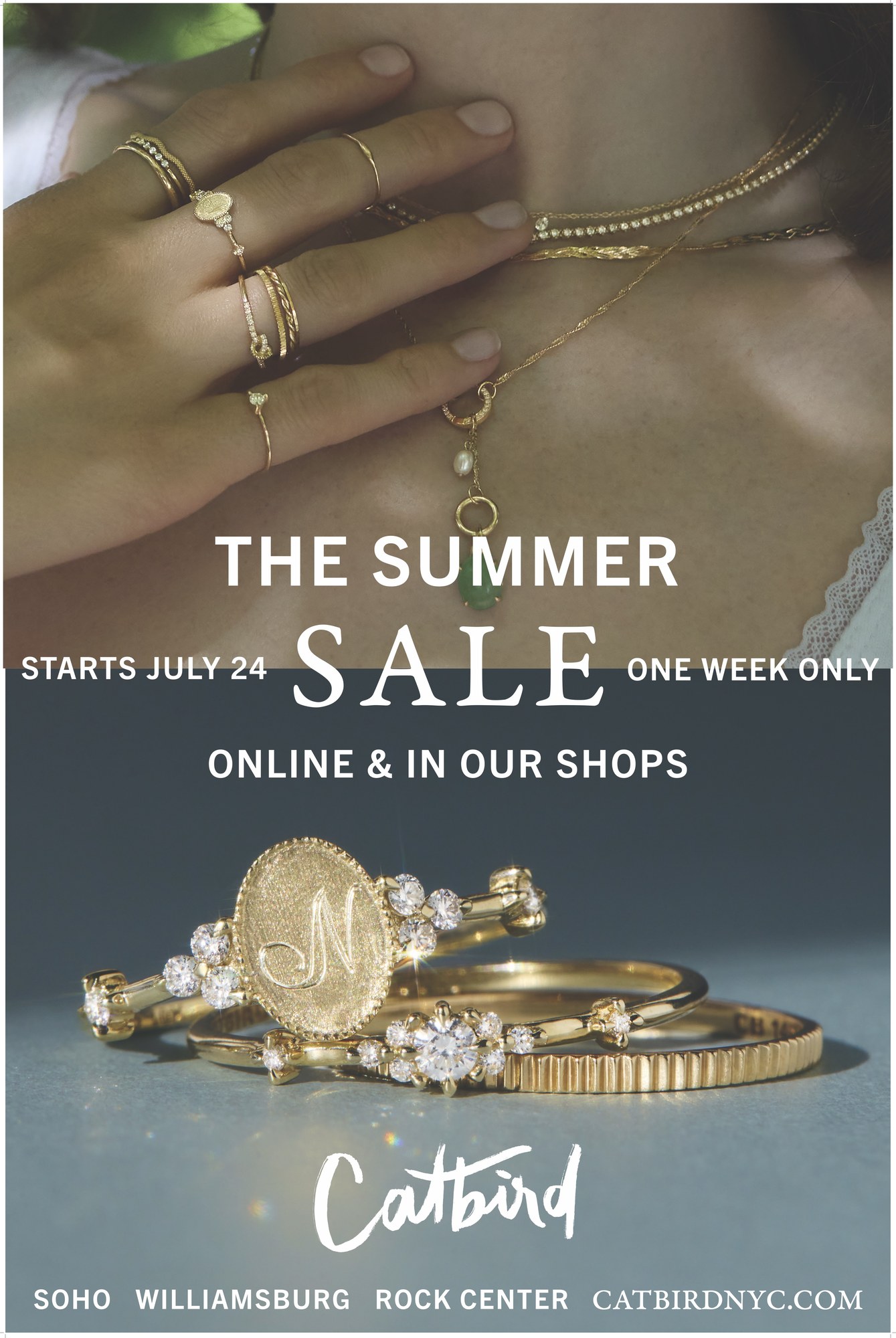 Catbird Summer Sale NYC creative featuring SoHo, Williamsburg, and Rockefeller Center store callouts
