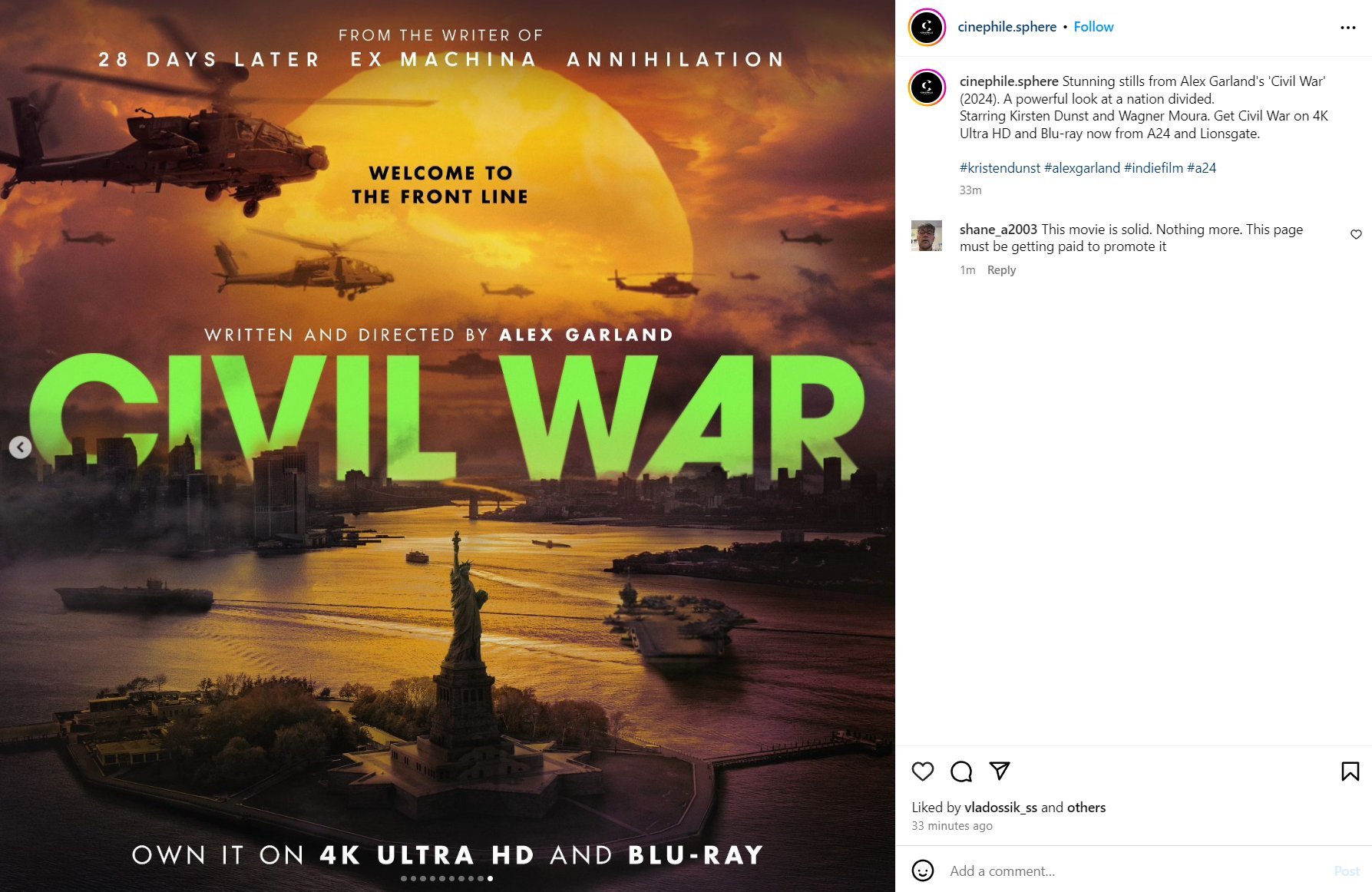 Civil War Instagram feed activation via Cinephile Sphere — paid creator partnership