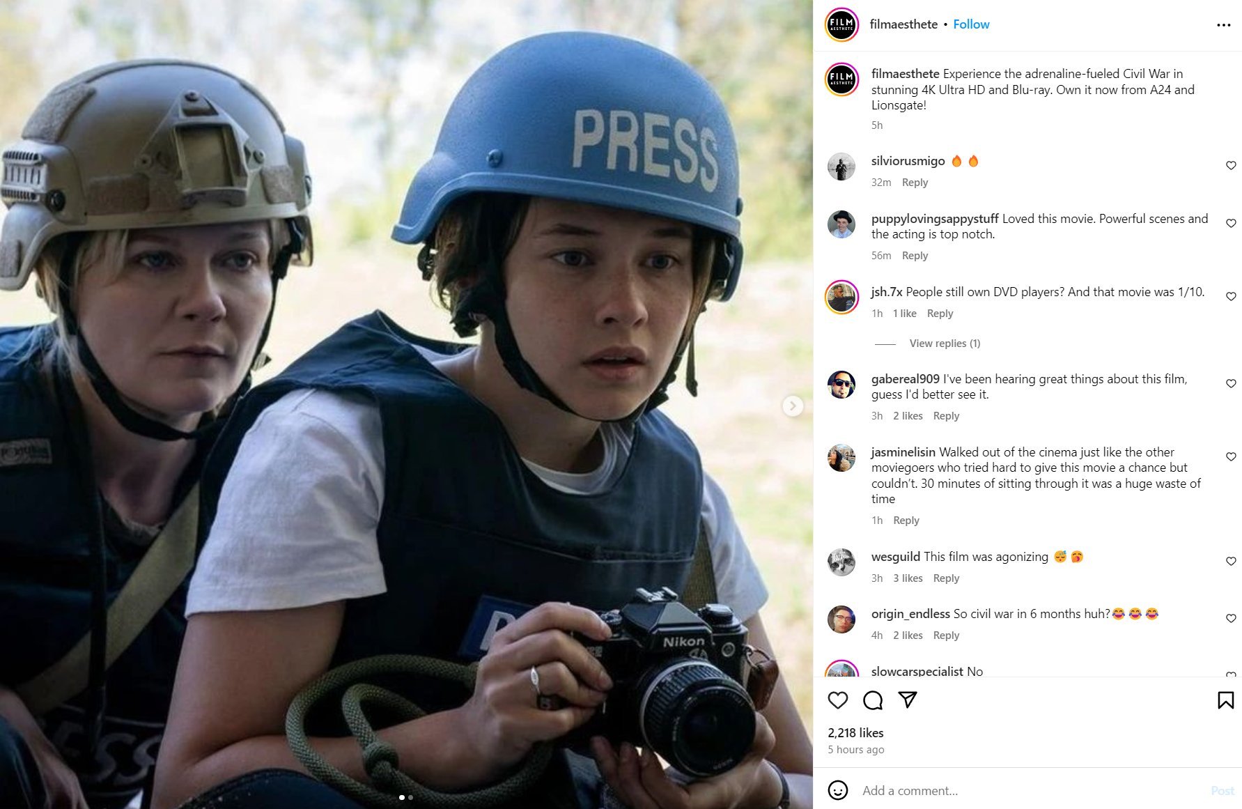 Civil War Instagram feed activation via Film Aesthete — Kirsten Dunst and Cailee Spaeny press corps still
