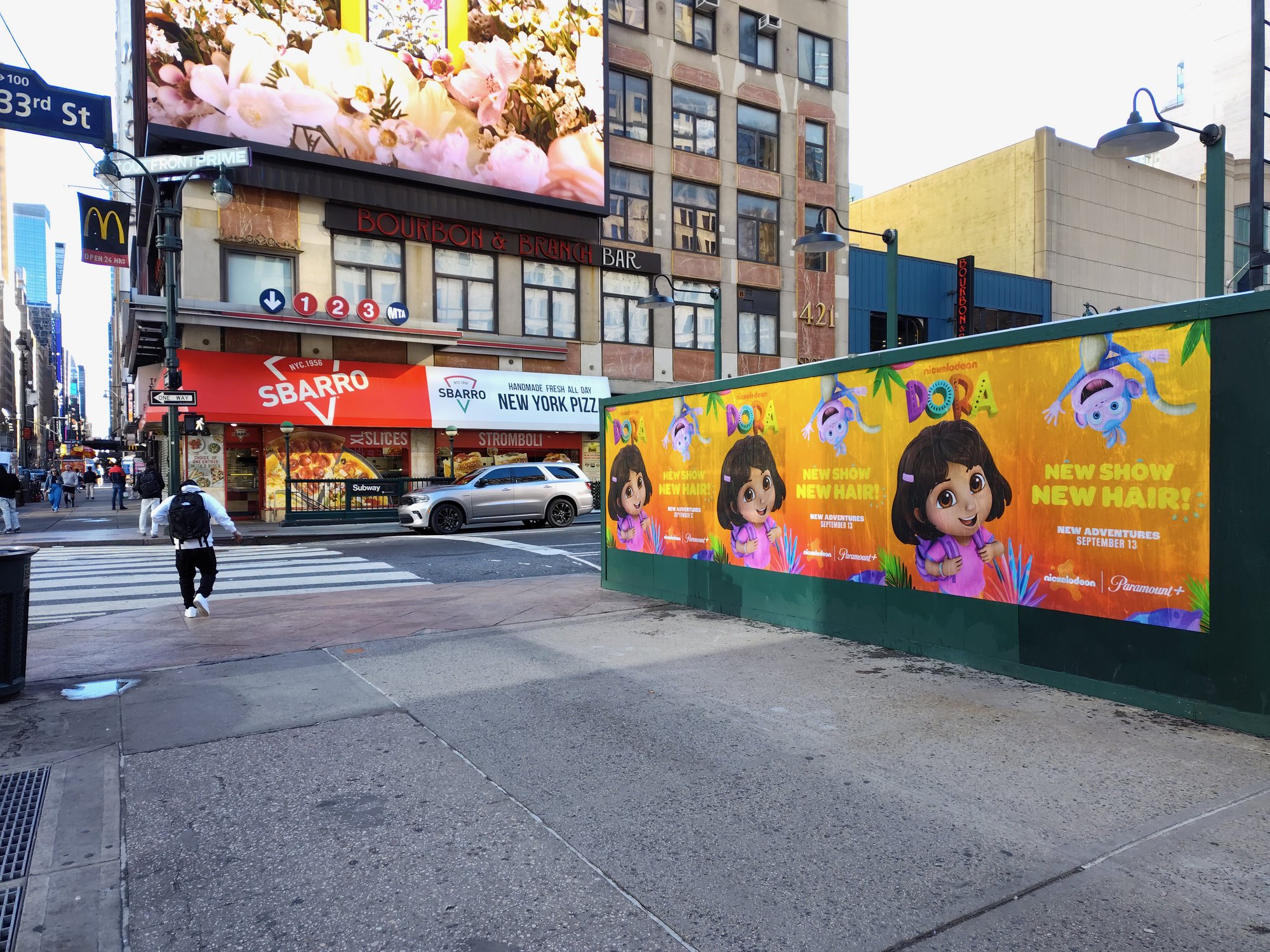 Nickelodeon Dora wild posting at 33rd Street near Herald Square, Manhattan