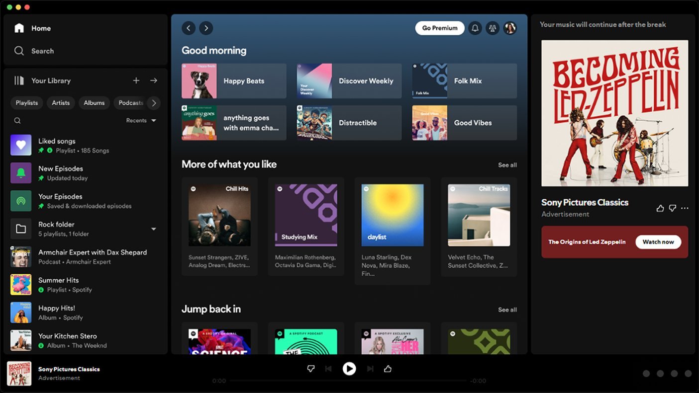 Becoming Led Zeppelin Spotify desktop ad placement with companion image and Watch Now CTA