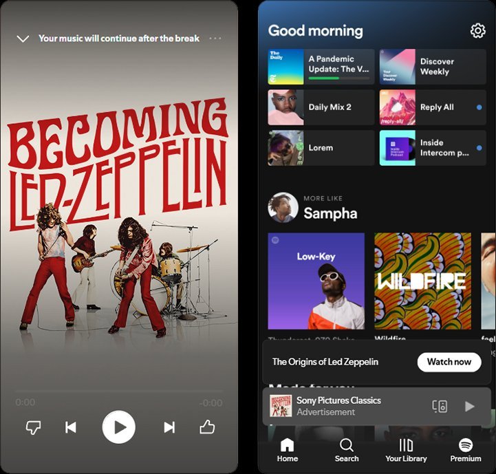 Becoming Led Zeppelin Spotify mobile ad placement showing full-screen companion image and in-feed player