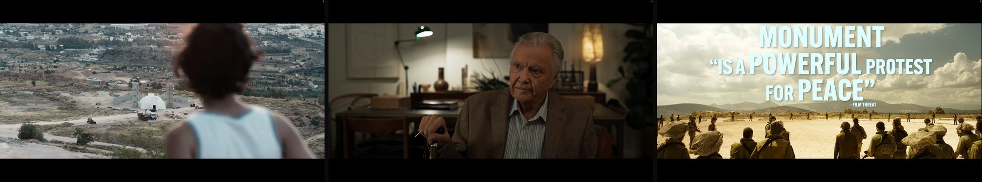 Monument CTV, YouTube, and display creative — three-panel composite showing establishing cinematic wide, Jon Voight character portrait, and critical pull-quote treatment