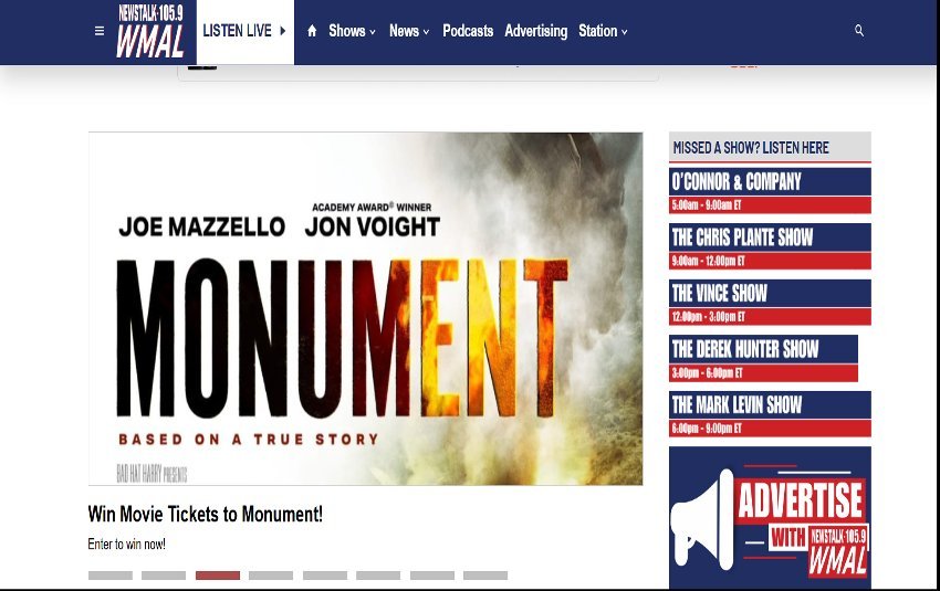 Monument promotional feature on WMAL 105.9 station homepage