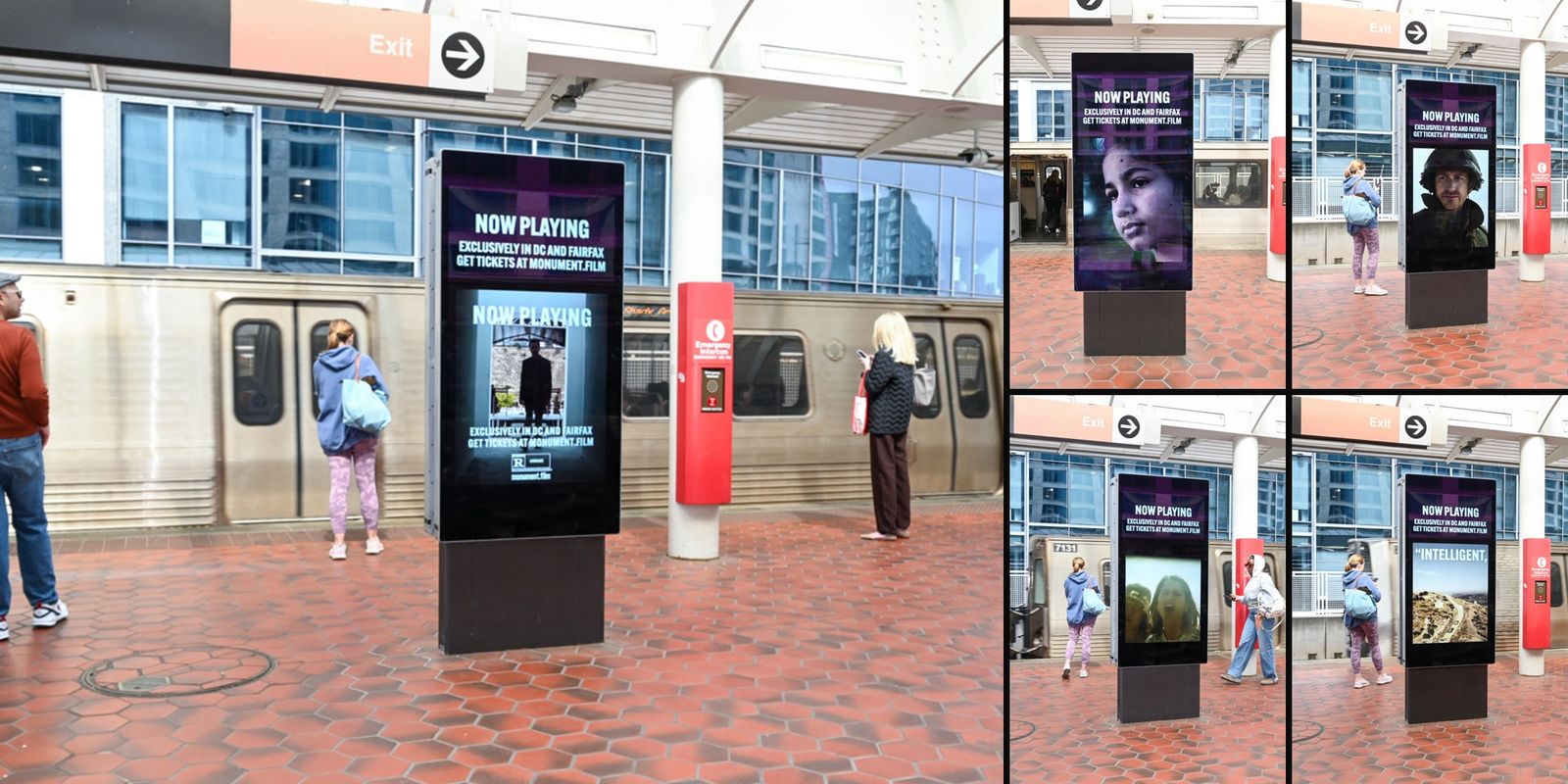 Monument digital out-of-home placements across the Washington Metro rail platform Liveboards network — five creative variants including key art, character portraits, and pull-quote treatments