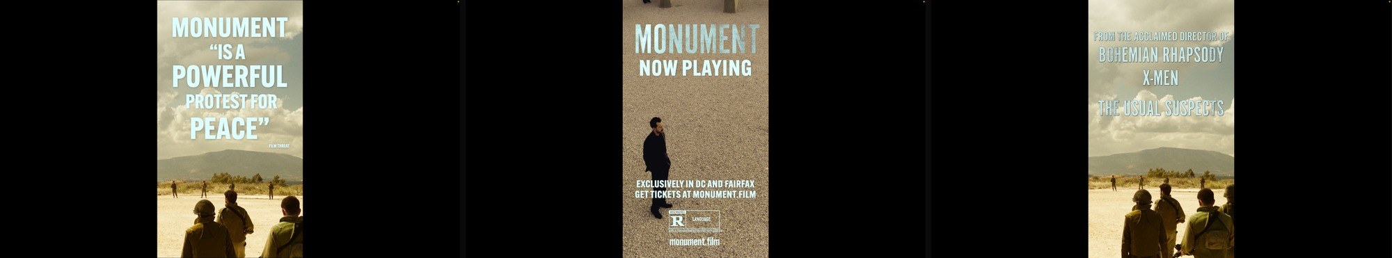 Monument paid social and vertical video creative — three-panel composite showing critical pull-quote, Now Playing timing message, and acclaimed director credentialing frame