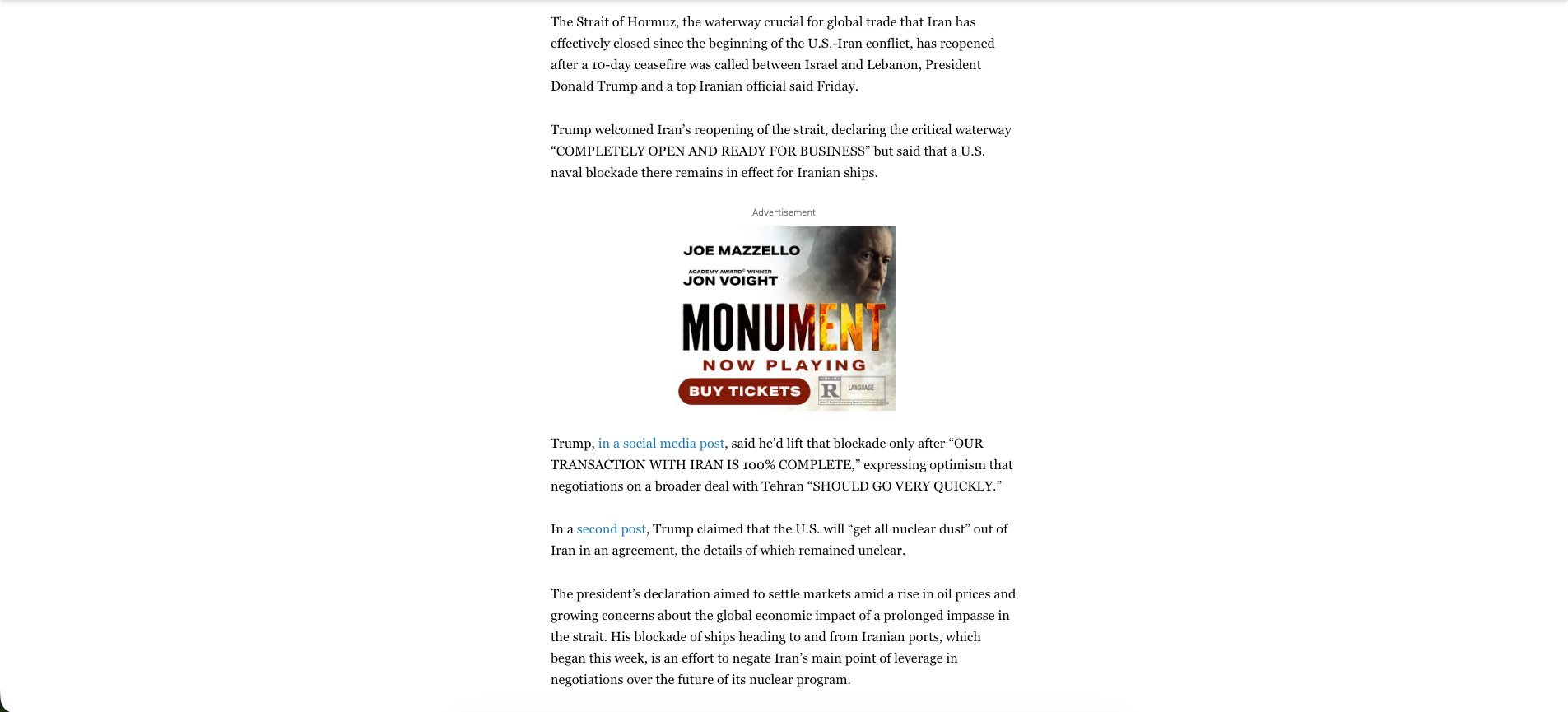 Monument 300×250 medium rectangle ad on Politico article page