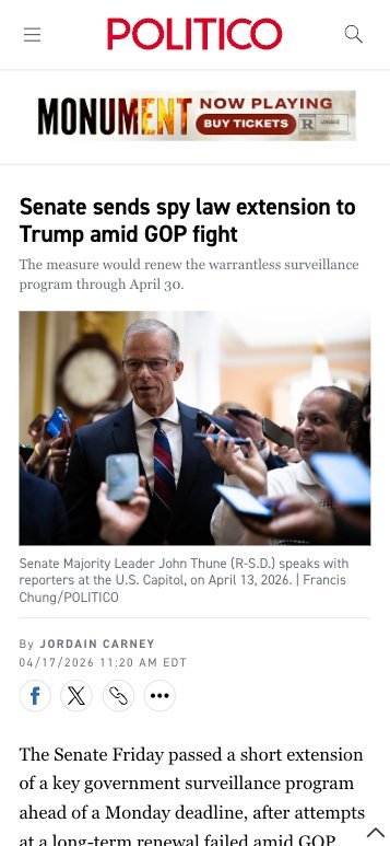 Monument 320×50 mobile banner ad on Politico mobile article view
