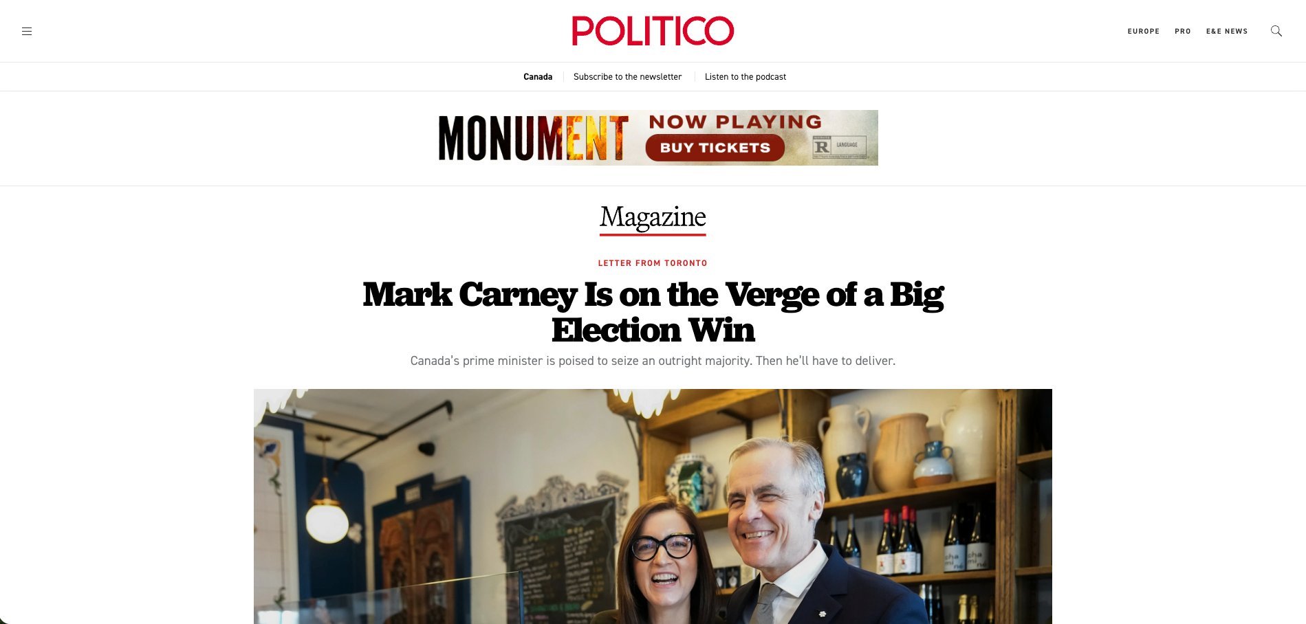 Monument 728×90 leaderboard ad on Politico article page