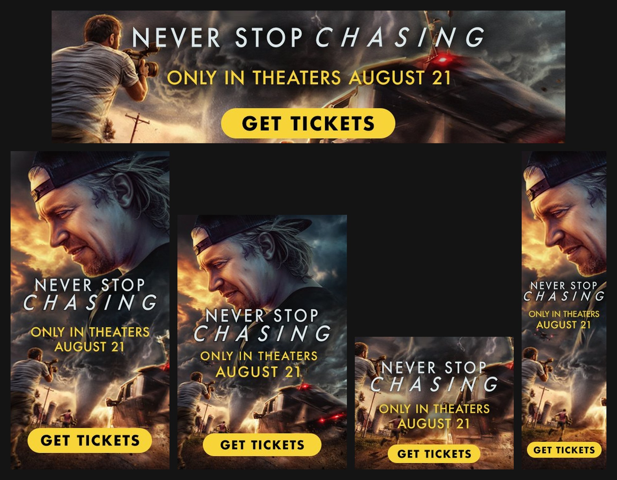 Never Stop Chasing display creative across six of the fourteen sizes produced