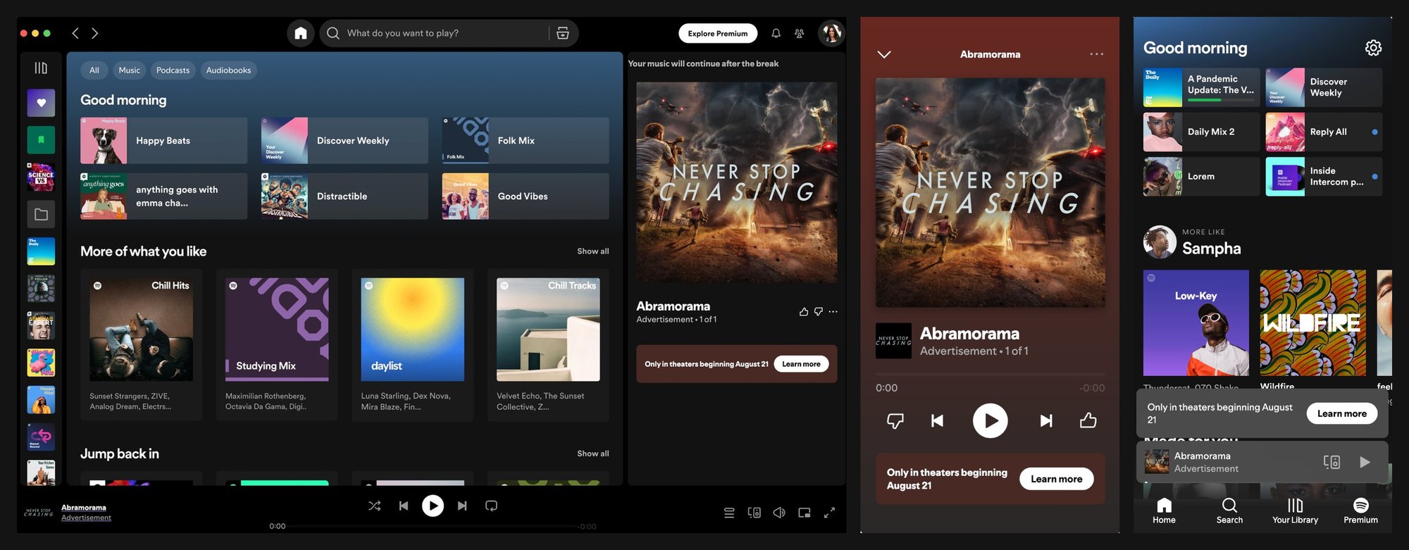 Never Stop Chasing Spotify audio and companion display creative — desktop rail, mobile expanded, and mobile browsing views
