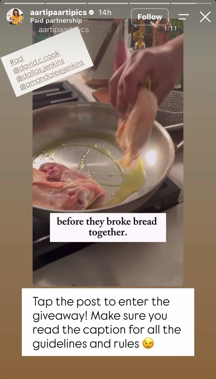 Aarti Sequeira Story frame directing followers to the giveaway rules