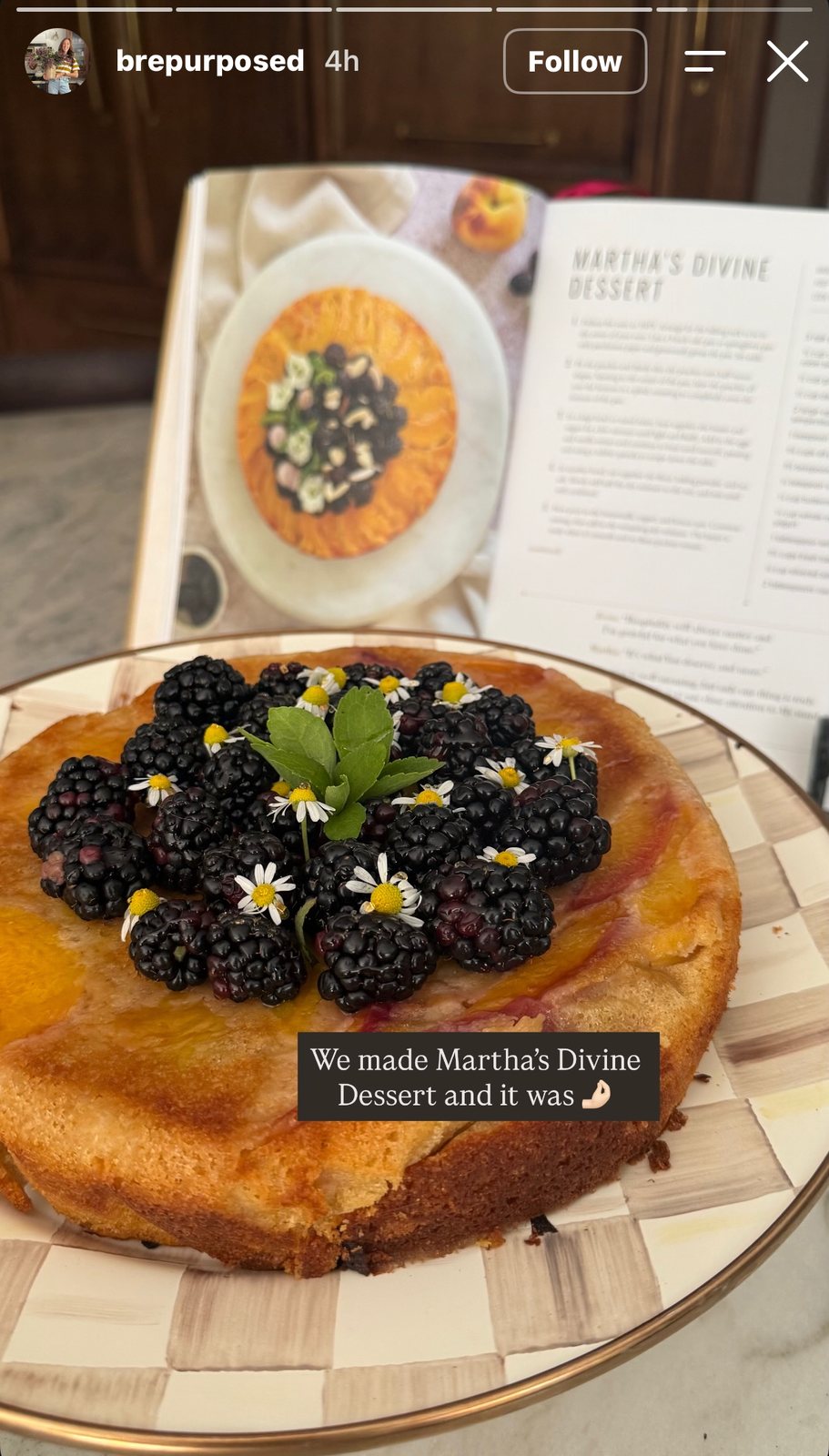 Bre Bertolini Story frame — Martha&rsquo;s Divine Dessert beside the open recipe page
